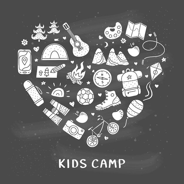 Doodle kids camp outdoor icons in heart shape