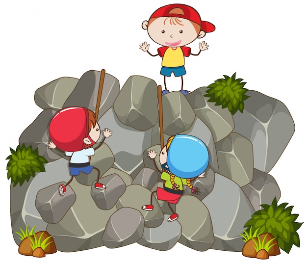 Вектор doodle kids doing rock climbing