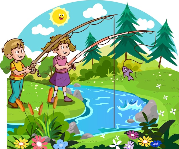 Doodle Kids Fishing at River вектор иллюстрации мультфильма