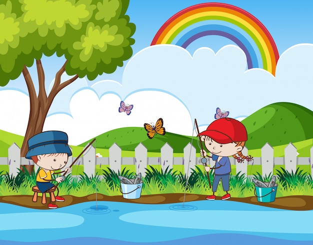 Doodle kids pesca nel fiume