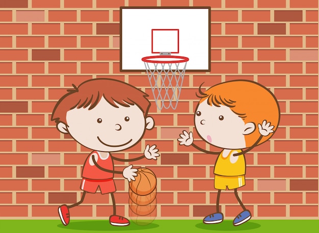 Vettore doodle kids playing basketball at school