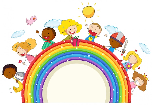 Vector doodle kids on the rainbow