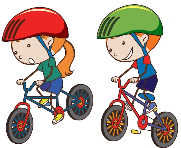 Vettore doodle kids riding bicycle su sfondo bianco