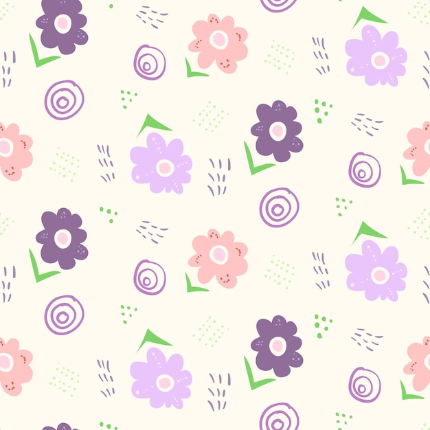 Doodle kids violet floral seamless pattern