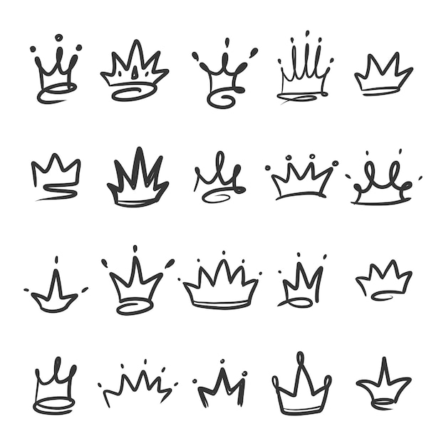 Vector doodle king queen crown hand drawn logo black set vector kingdom sketch concept