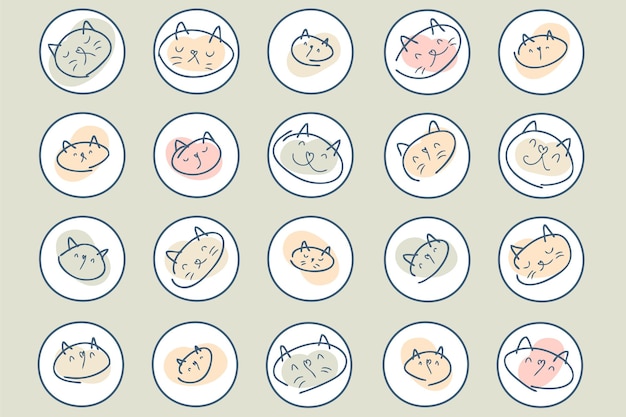 Doodle kitten story highlight icons set for stickers poster and print