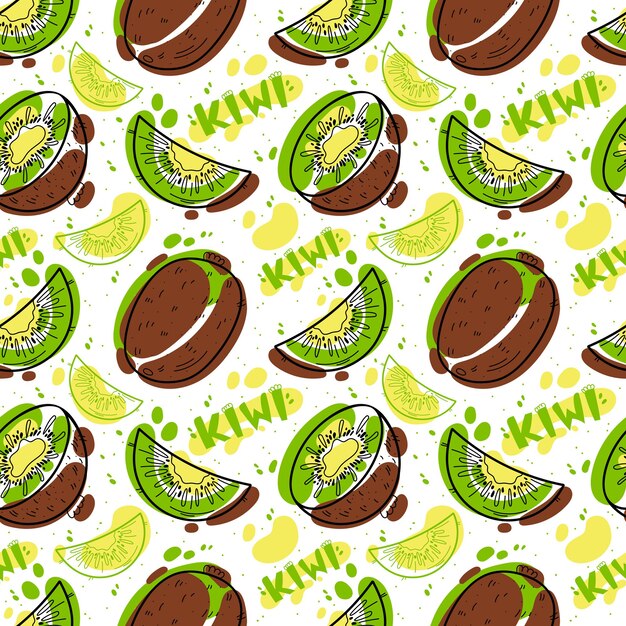 Doodle kiwi seamless pattern frutti succosi luminosi e scritte isolate su sfondo bianco