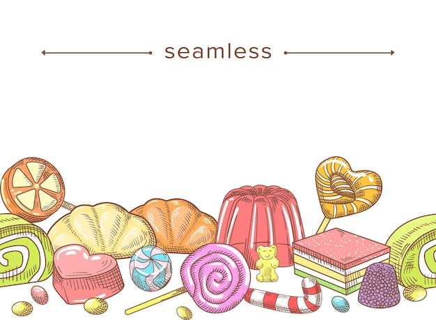 Vector doodle kleurrijke frame met lollies, dragee, gebak desserts en snoep. handgetekend naadloos patroon met pudding