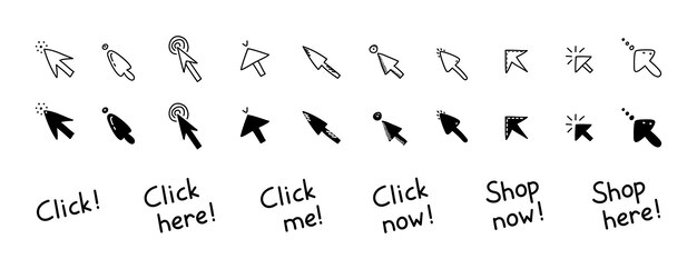 Vector doodle klik hier knop set verschillende muis cursors met letters voor website handgetekende vector