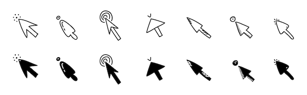 Doodle klik icon set Hand getekende muis cursor knop Digitale pijlwijzer voor website applicatie