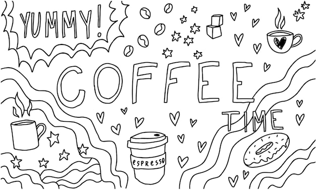 Doodle koffie tijdlijn kleurboek, harten, sterren, thee, donut, tekst. Cafe schets set, schattig
