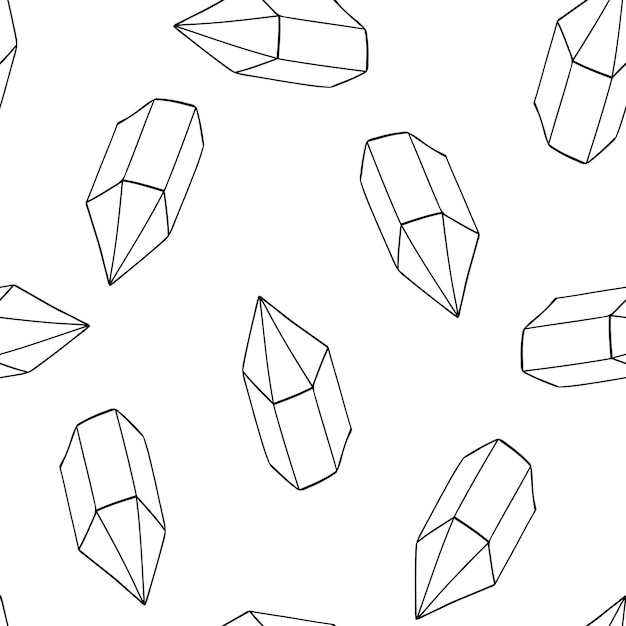 Doodle kristallen naadloze patroon zwarte omtrek edelstenen en mineralen silhouetten achtergrond