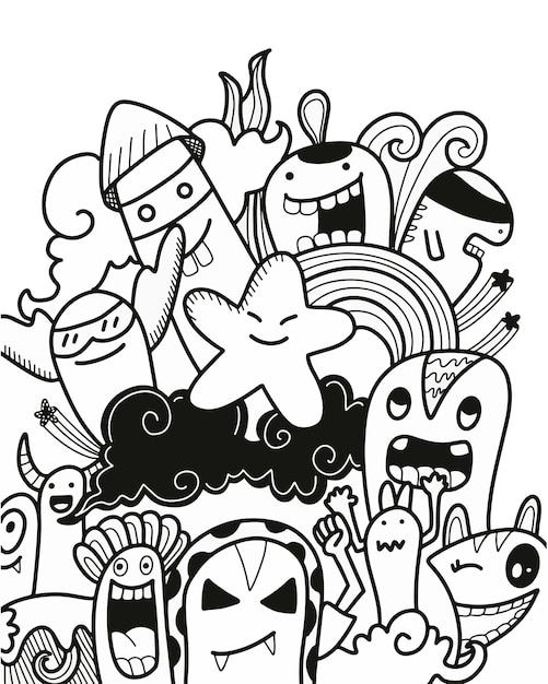 Doodle kunst cartoon hand getekend grappige vector illustraties huisstijl ontwerp