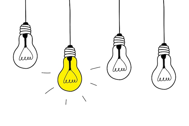 Doodle lamp. hand drawn light bulb icons with concept of idea. doodle style. vector illustration