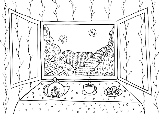 Vector doodle landscape in window coloring page for adults fantastic graphic artwork hand drawn simple illustration