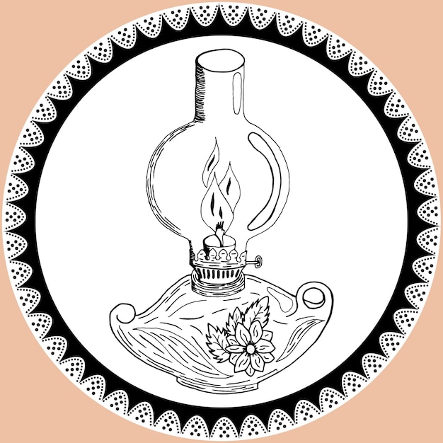 Vector doodle lantern kerosene lamp in vintage style with lace drawn by pencil in black and white colors