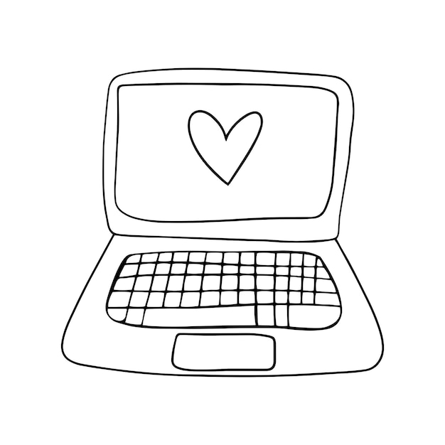 Doodle laptop with heart on white background