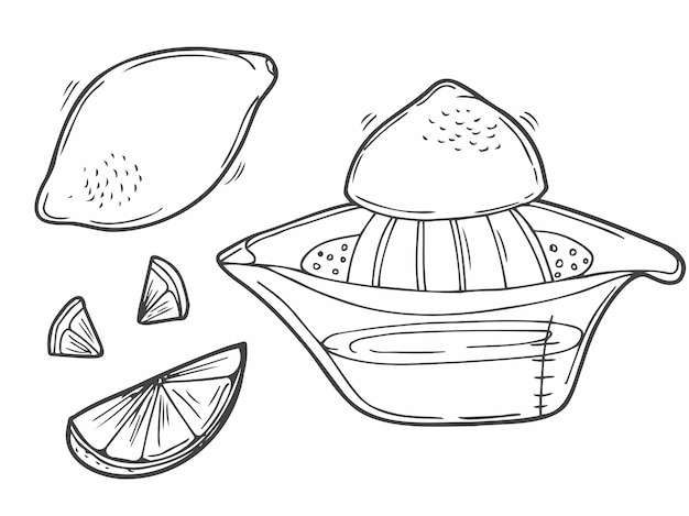 Doodle lemon squeezer with lemon and lemon pieces in vector