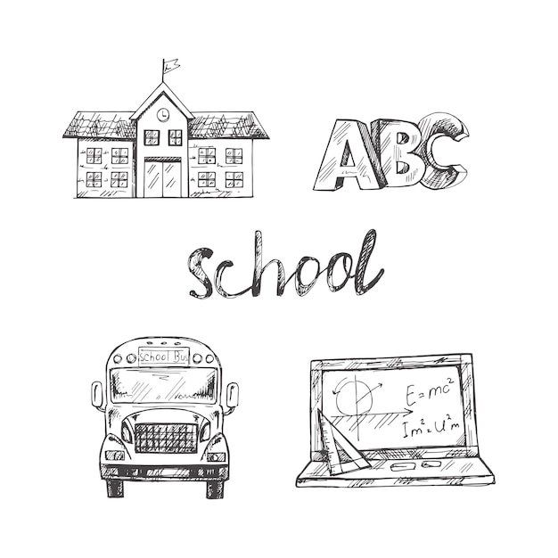 Doodle lettering and school object collection Education Concept Vintage sketch element