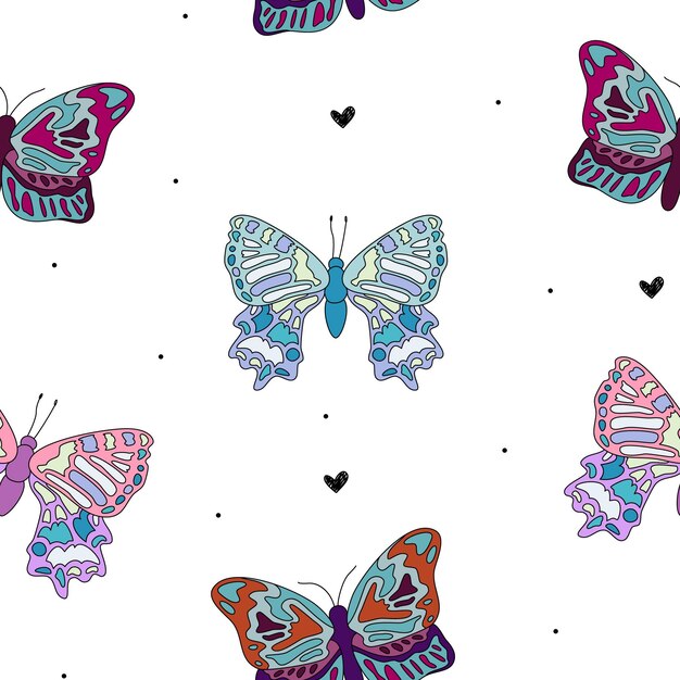 Doodle lijn roze paarse veelkleurige vlinders met zwarte harten patroon schattig naadloos voor kinderen