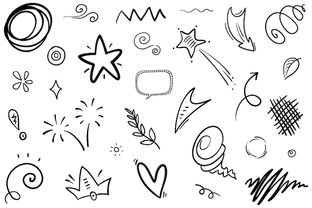 Doodle lijnen Pijlen cirkels en curven vector met de hand getekende ontwerpelementen geïsoleerd op witte achtergrond voor infografische vector illustratie