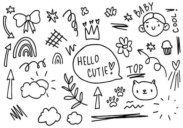 Vector doodle line arrows flowers kid pet text crown sketch set cute isolated line collection