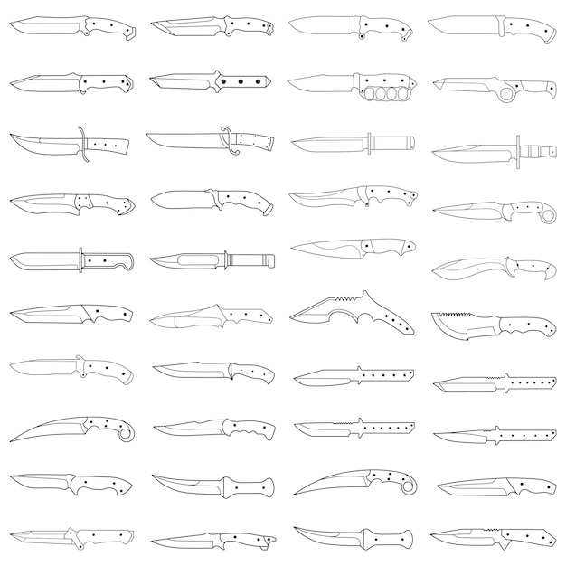 Doodle line art illustration combat knife and dagger bundle item