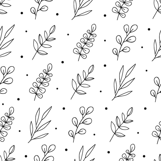 낙서 라인 아트 흰색 배경에 패턴 검정 나뭇잎