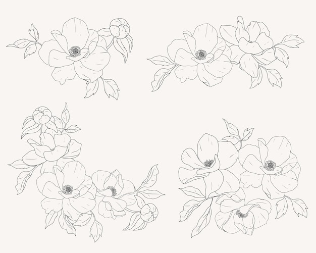 Doodle line art peony flower bouquet elements collection