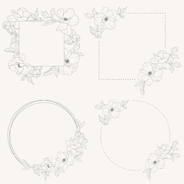 Doodle line art peony flower bouquet wreath frame elements collection