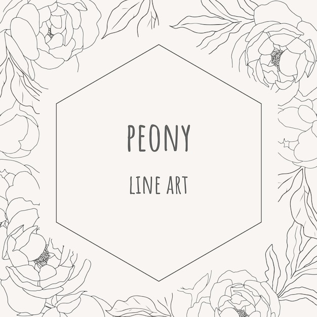 Doodle line art peonia fiore cerchio corona cornice quadrata minima banner sfondo