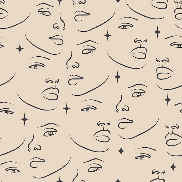 Doodle line face and stars drawing pattern