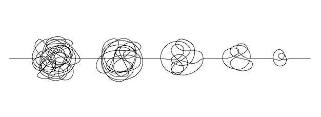 Vettore nodo della linea di scarabocchio. linee disegnate a mano disordinate, caos alla semplicità e confusione al concetto di chiarezza. idea della curva dell'illustrazione vettoriale, processo di pensiero e soluzioni multiple