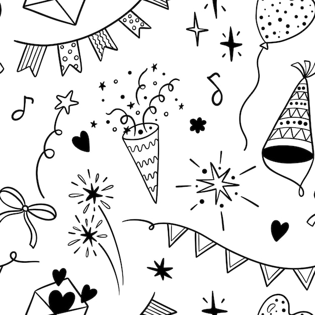 Линия Doodle партийный образец Беспрепятственный отпечаток вручную нарисованных элементов празднования эскиз день рождения воздушные шары гирлянда флаги музыкальные ноты векторная текстура