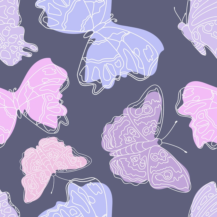 Vector doodle line pink butterflies violet pattern cute seamless