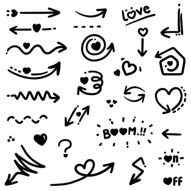 Doodle love arrows are hand drawn with lots of collectibles inside