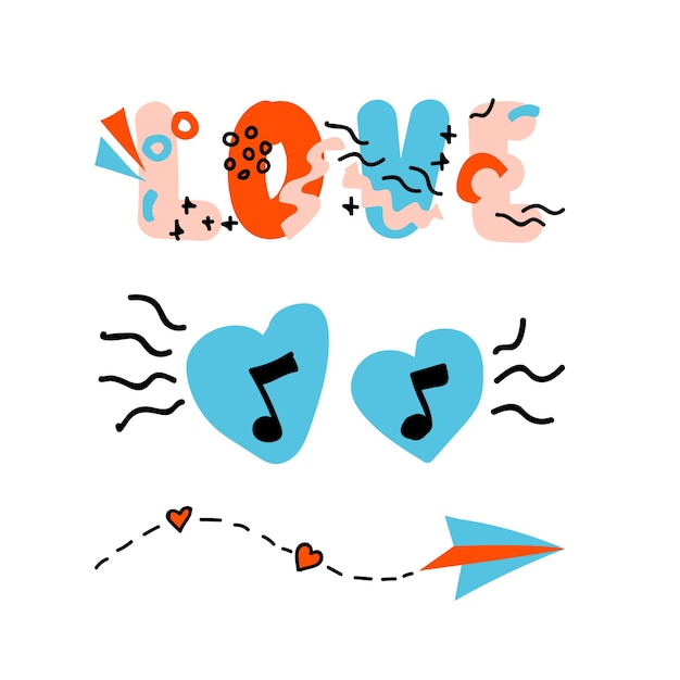 Doodle LOVE Lettering, musical notes and a paper plane with a trajectory. Set of elements for the concept of sending music messages and favorite tunes. Love hand drawn vector linear, flat vector.