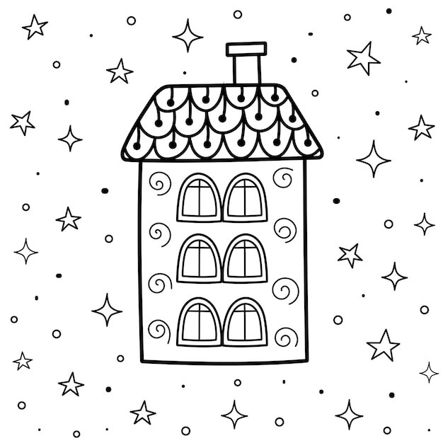 Doodle magic house at night coloring page. sweet dreams black and white card. outline fantasy background.