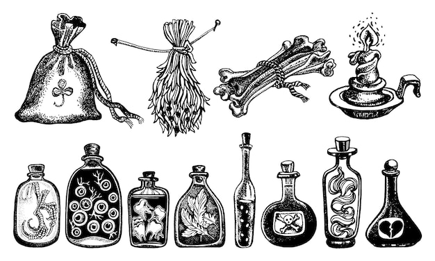 Doodle magische items instellen Halloween collectie esoterische illustratie set vector schetsen van potten met drankjes tanden ogen botten en kaars