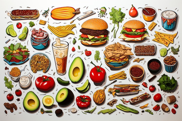 A doodle of many foods and objects on a white background