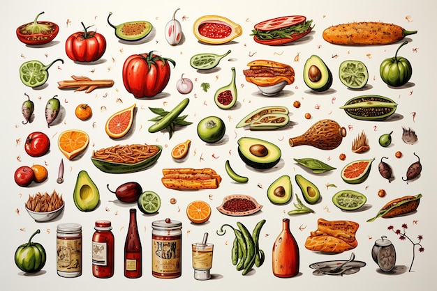 a doodle of many foods and objects on a white background