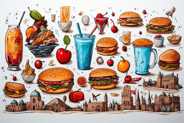 a doodle of many foods and objects on a white background