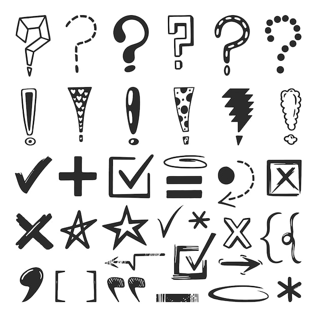 Vector doodle marks and signs sketch question exclamation sign grunge doubt and check elements tick markers yes and no brackets neoteric vector set of exclamation question doodle sketch illustration