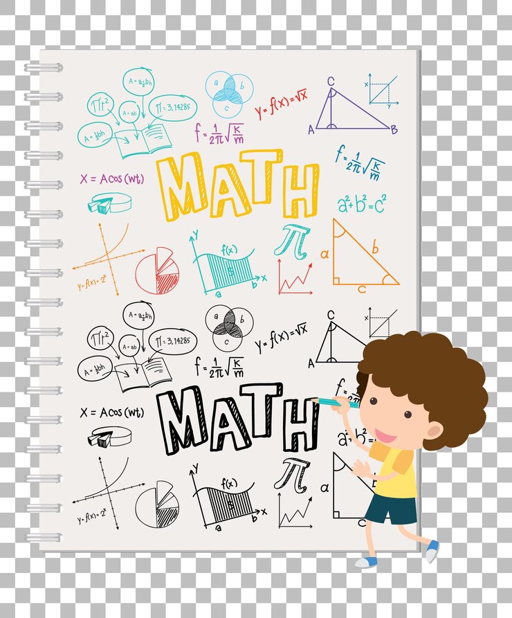 Vector doodle math formula on notebook page with kid
