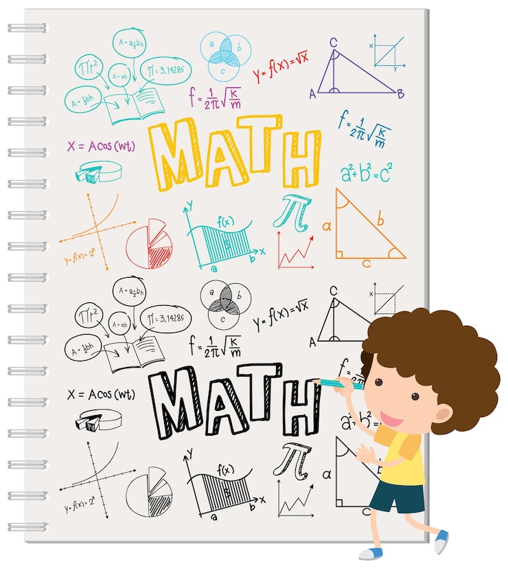 Vector doodle math formula on notebook page with kid