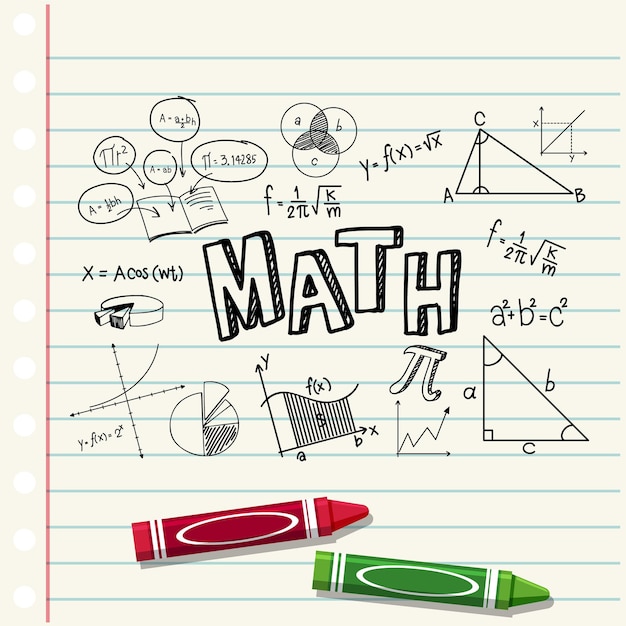 Вектор Математическая формула doodle со шрифтом mathematics на странице блокнота