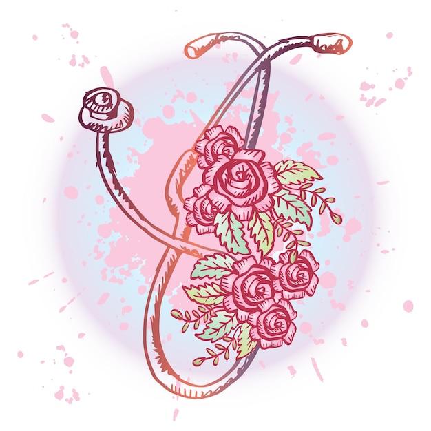 Vector doodle medical stethoscope with rose flower