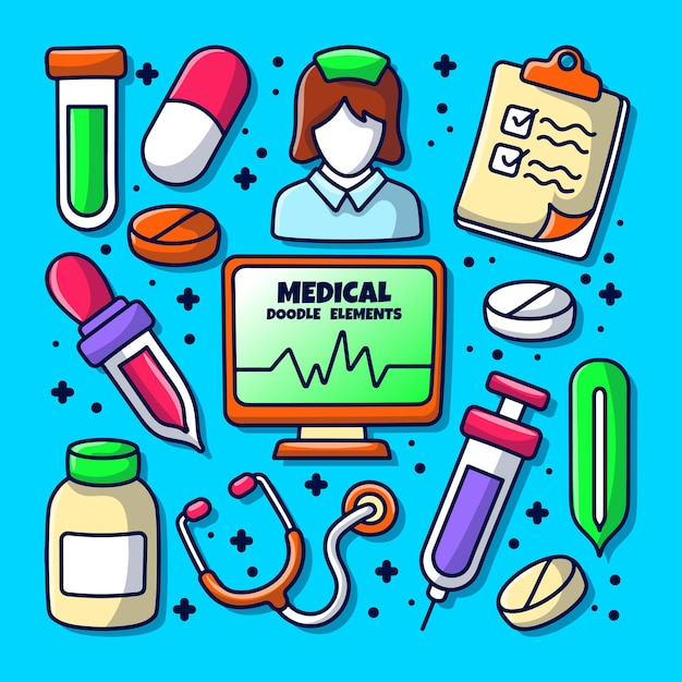 Vector doodle medicine healthcare element set with colored hand drawn doodle style