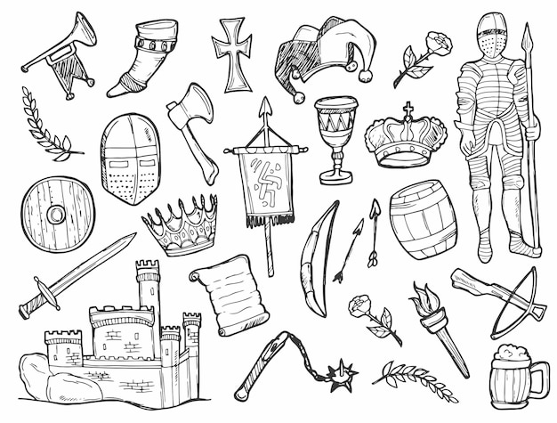 Doodle medieval icons set средневековое замковое оружие и инструменты коллекция векторных иллюстраций