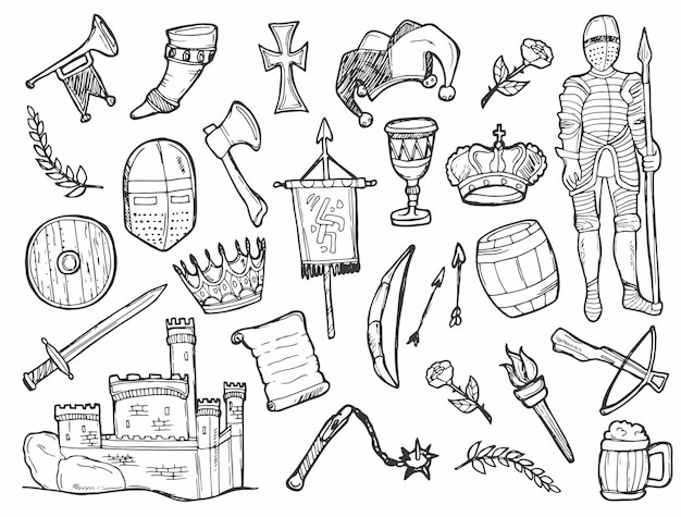 낙서 중세 아이콘 세트 중세 성 무기 및 도구 벡터 일러스트 레이 션 컬렉션